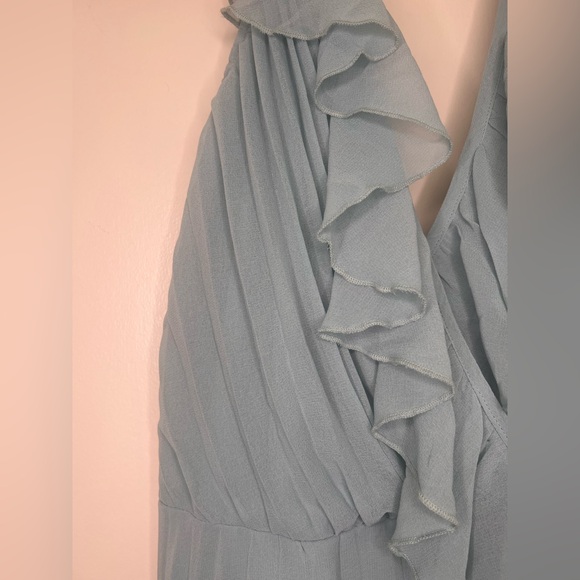 ASOS Design Dusty Blue Pleated Maxi Dress Ruffle Halter Formal Wedding Guest - Picture 4 of 11